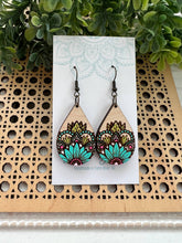 Load image into Gallery viewer, Sunflower turquoise mandala wood hand painted earrings
