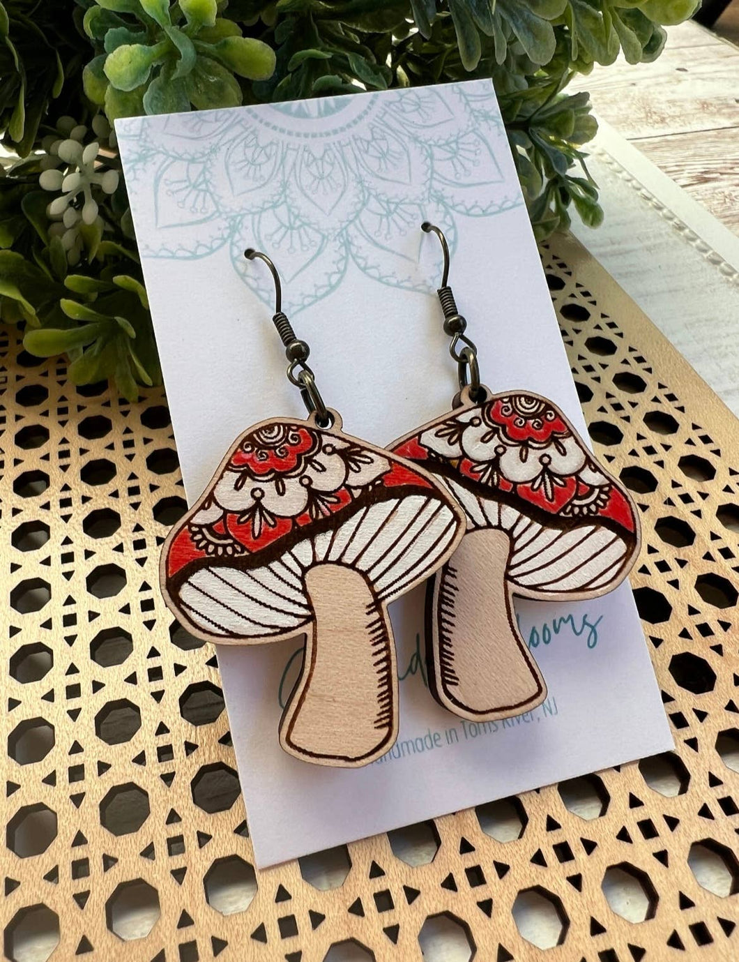 Mushroom boho hand painted maple wood lightweight earring