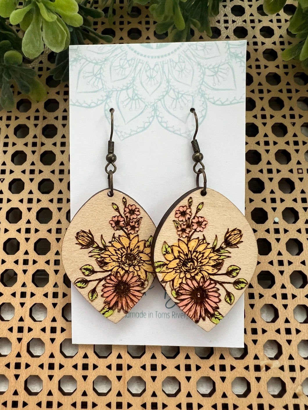 Floral bouquet hand painted lightweight wood earring