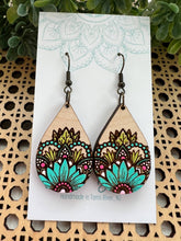 Load image into Gallery viewer, Sunflower turquoise mandala wood hand painted earrings
