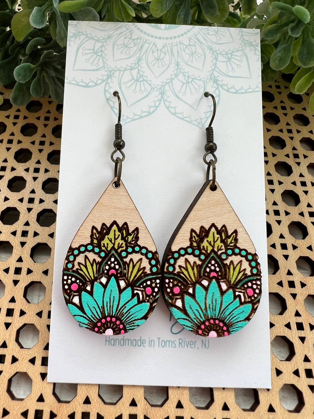 Sunflower turquoise mandala wood hand painted earrings