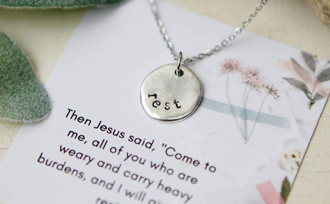 Rest Hand Stamped Scripture Necklace: Gold