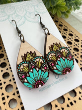 Load image into Gallery viewer, Sunflower turquoise mandala wood hand painted earrings
